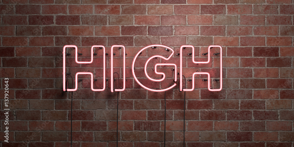 HIGH - fluorescent Neon tube Sign on brickwork - Front view - 3D rendered royalty free stock picture. Can be used for online banner ads and direct mailers.. HIGH - fluorescent Neon tube Sign on brickwork - Front view - 3D rendered royalty free stock picture. Can be used for online banner ads and direct mailers..