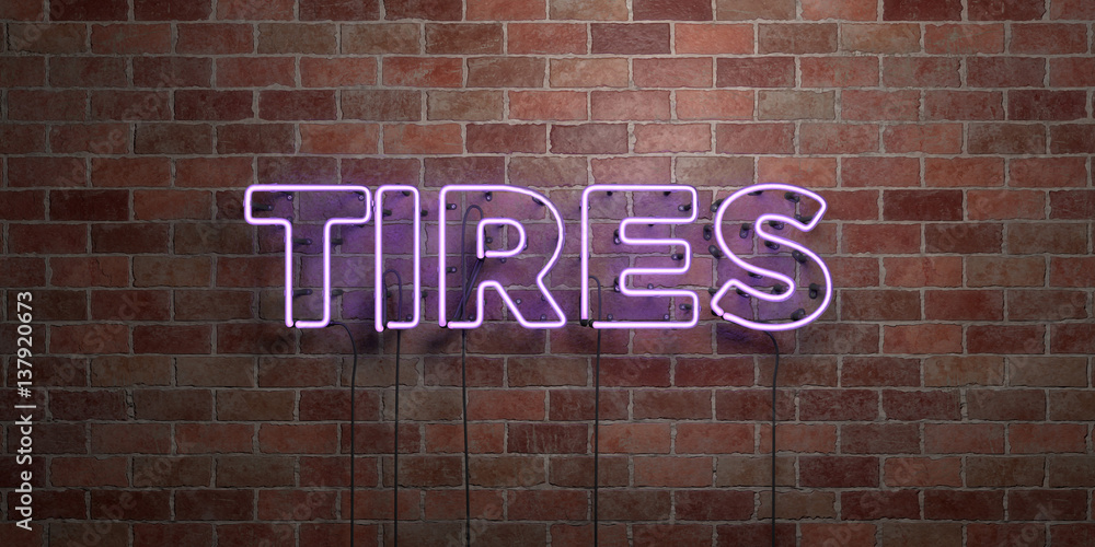TIRES - fluorescent Neon tube Sign on brickwork - Front view - 3D rendered royalty free stock picture. Can be used for online banner ads and direct mailers.. TIRES - fluorescent Neon tube Sign on brickwork - Front view - 3D rendered royalty free stock picture. Can be used for online banner ads and direct mailers..