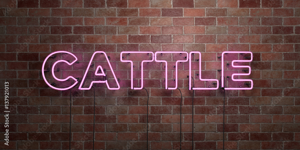 Obraz premium CATTLE - fluorescent Neon tube Sign on brickwork - Front view - 3D rendered royalty free stock picture. Can be used for online banner ads and direct mailers..