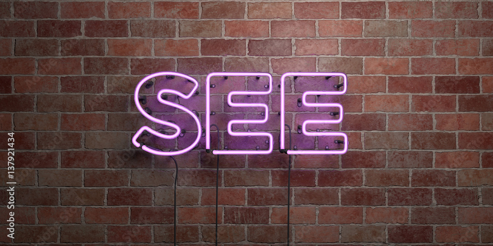 SEE - fluorescent Neon tube Sign on brickwork - Front view - 3D rendered royalty free stock picture. Can be used for online banner ads and direct mailers.. SEE - fluorescent Neon tube Sign on brickwork - Front view - 3D rendered royalty free stock picture. Can be used for online banner ads and direct mailers..