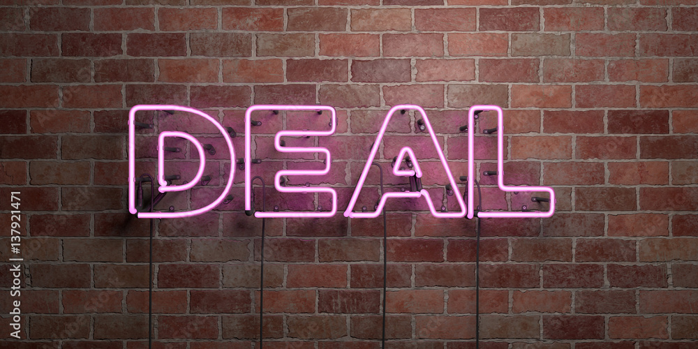 DEAL - fluorescent Neon tube Sign on brickwork - Front view - 3D rendered royalty free stock picture. Can be used for online banner ads and direct mailers.. DEAL - fluorescent Neon tube Sign on brickwork - Front view - 3D rendered royalty free stock picture. Can be used for online banner ads and direct mailers..