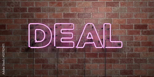 DEAL - fluorescent Neon tube Sign on brickwork - Front view - 3D rendered royalty free stock picture. Can be used for online banner ads and direct mailers..