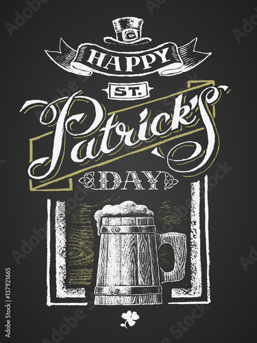 St. Patricks Day. Wooden beer mug. Chalk drawing