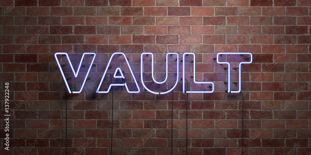 Fototapeta premium VAULT - fluorescent Neon tube Sign on brickwork - Front view - 3D rendered royalty free stock picture. Can be used for online banner ads and direct mailers..
