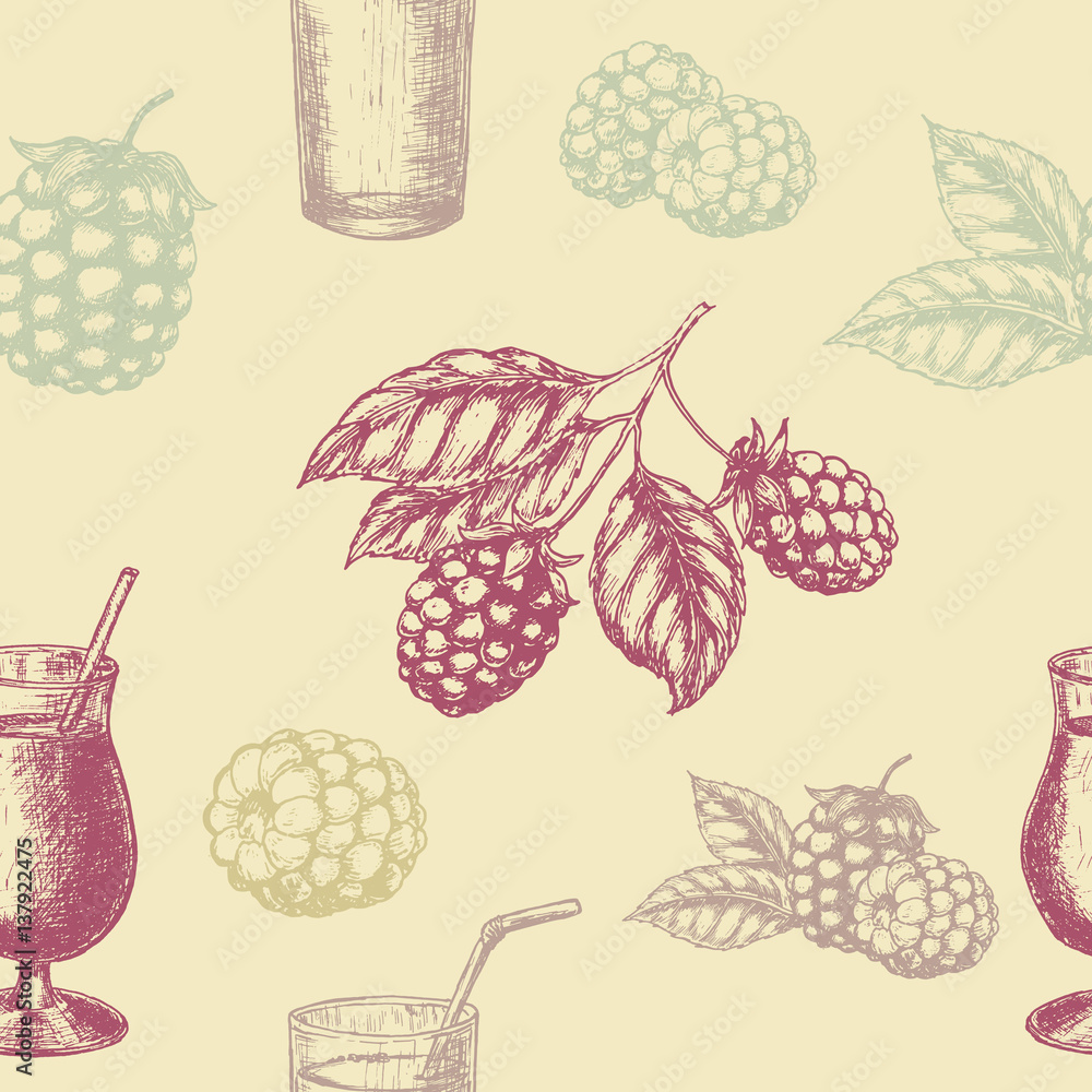 Raspberry blackberry and milkshakes seamless pettern. Vector illustration Raspberry blackberry and milkshakes seamless pettern. Vector illustration