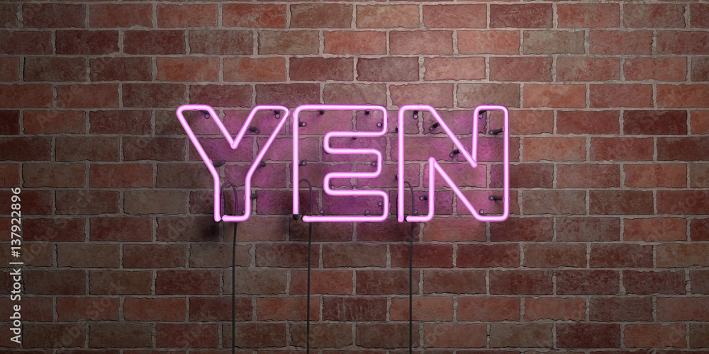 Obraz premium YEN - fluorescent Neon tube Sign on brickwork - Front view - 3D rendered royalty free stock picture. Can be used for online banner ads and direct mailers..