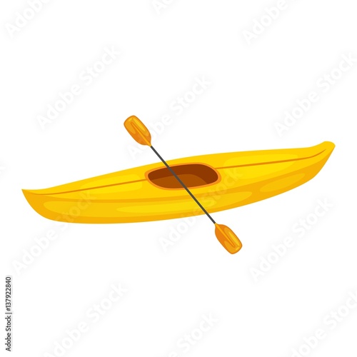 Vector illustration of yellow kayak boat, and plastic, rowing oar. Kayak isolated, sea kayak. Extreme sport