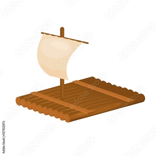 Wooden raft with sail. Vector Isolated Illustration