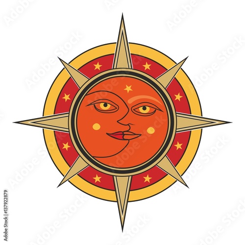 Sun and moon face traditional oriental india sign - day and night vector allegory isolated on white background.
