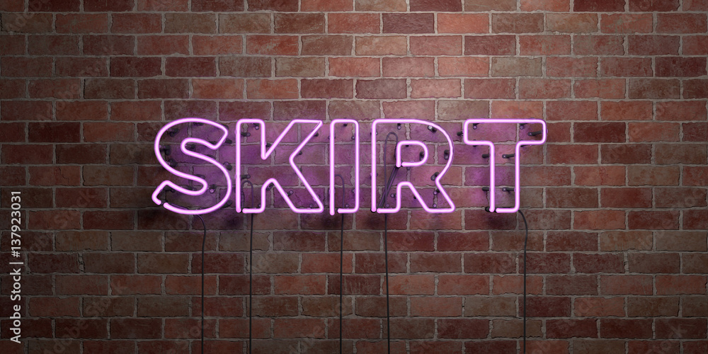 Obraz premium SKIRT - fluorescent Neon tube Sign on brickwork - Front view - 3D rendered royalty free stock picture. Can be used for online banner ads and direct mailers..