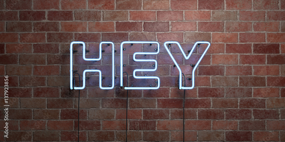 Fototapeta premium HEY - fluorescent Neon tube Sign on brickwork - Front view - 3D rendered royalty free stock picture. Can be used for online banner ads and direct mailers..