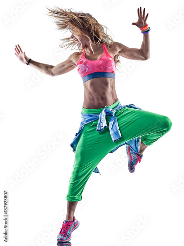 one caucasian woman exercising zumba fitness excercises dancer dancing in studio isolated on white background