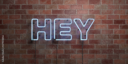 HEY - fluorescent Neon tube Sign on brickwork - Front view - 3D rendered royalty free stock picture. Can be used for online banner ads and direct mailers.. photo