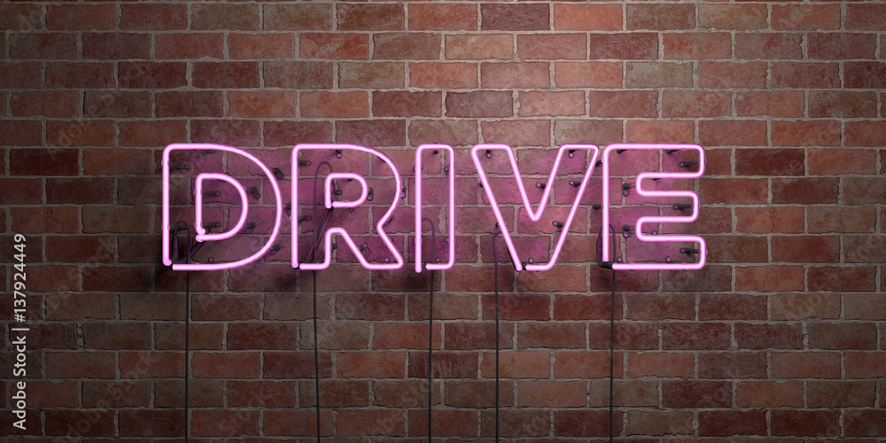 Obraz premium DRIVE - fluorescent Neon tube Sign on brickwork - Front view - 3D rendered royalty free stock picture. Can be used for online banner ads and direct mailers..