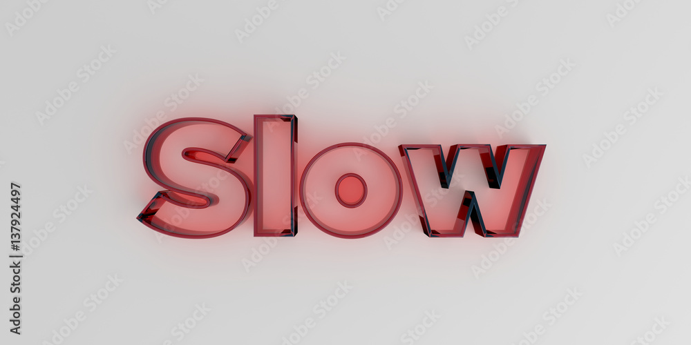Slow - Red glass text on white background - 3D rendered royalty free stock image. Slow - Red glass text on white background - 3D rendered royalty free stock image.