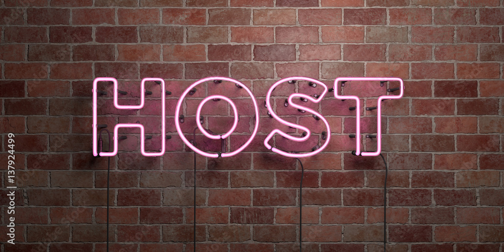 Fototapeta premium HOST - fluorescencyjny neon świetlny znak na cegle - widok z przodu - 3D renderowane zdjęcie royalty free. Może być używany do banerów reklamowych online i bezpośrednich przesyłek pocztowych.