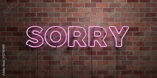 SORRY - fluorescent Neon tube Sign on brickwork - Front view - 3D rendered royalty free stock picture. Can be used for online banner ads and direct mailers..