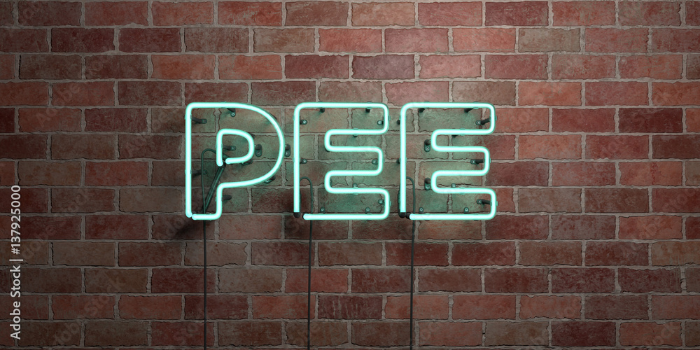 PEE - fluorescent Neon tube Sign on brickwork - Front view - 3D rendered royalty free stock picture. Can be used for online banner ads and direct mailers.. PEE - fluorescent Neon tube Sign on brickwork - Front view - 3D rendered royalty free stock picture. Can be used for online banner ads and direct mailers..
