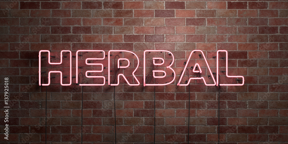 Obraz premium HERBAL - fluorescent Neon tube Sign on brickwork - Front view - 3D rendered royalty free stock picture. Can be used for online banner ads and direct mailers..