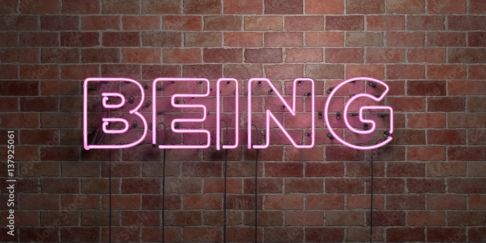 BEING - fluorescent Neon tube Sign on brickwork - Front view - 3D rendered royalty free stock picture. Can be used for online banner ads and direct mailers.. BEING - fluorescent Neon tube Sign on brickwork - Front view - 3D rendered royalty free stock picture. Can be used for online banner ads and direct mailers..