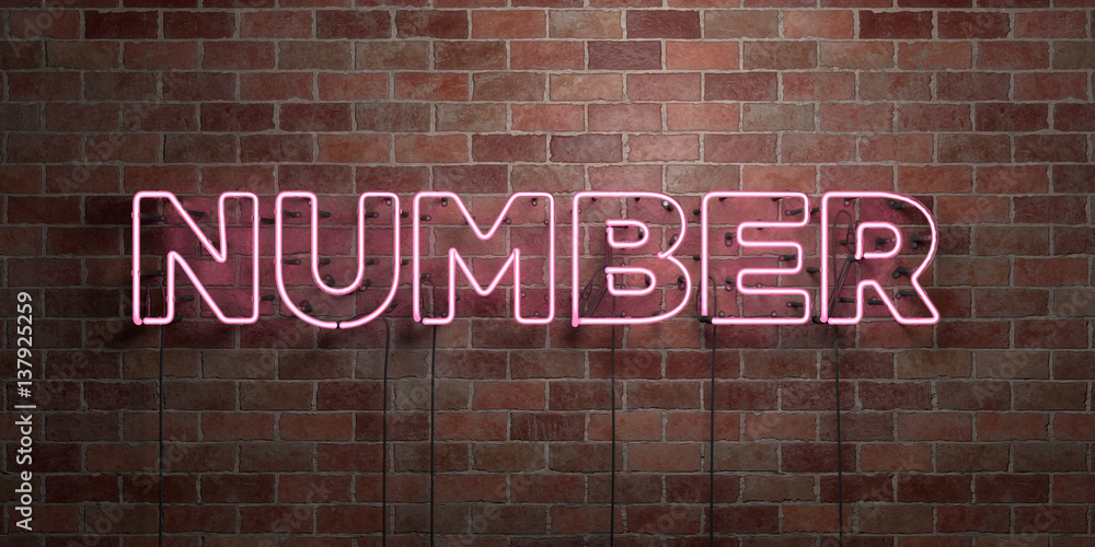 Obraz premium NUMBER - fluorescent Neon tube Sign on brickwork - Front view - 3D rendered royalty free stock picture. Can be used for online banner ads and direct mailers..