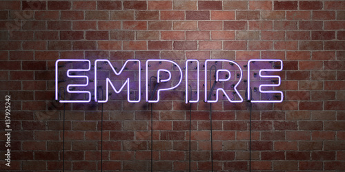 EMPIRE - fluorescent Neon tube Sign on brickwork - Front view - 3D rendered royalty free stock picture. Can be used for online banner ads and direct mailers..