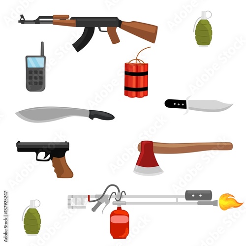 Set vector icons different 
weapon. grenade, dynamite, gun, flame thrower, knife, machine, machete
