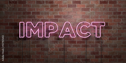 IMPACT - fluorescent Neon tube Sign on brickwork - Front view - 3D rendered royalty free stock picture. Can be used for online banner ads and direct mailers..