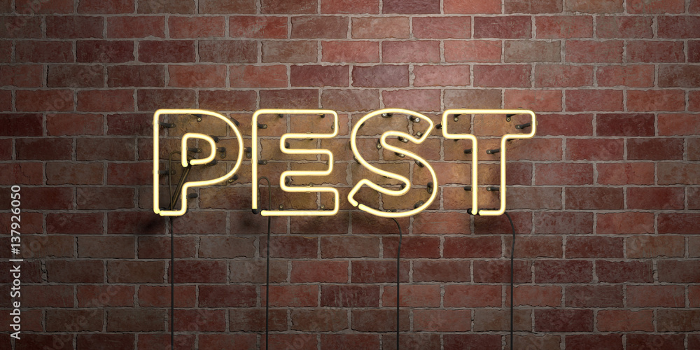 PEST - fluorescent Neon tube Sign on brickwork - Front view - 3D rendered royalty free stock picture. Can be used for online banner ads and direct mailers.. PEST - fluorescent Neon tube Sign on brickwork - Front view - 3D rendered royalty free stock picture. Can be used for online banner ads and direct mailers..