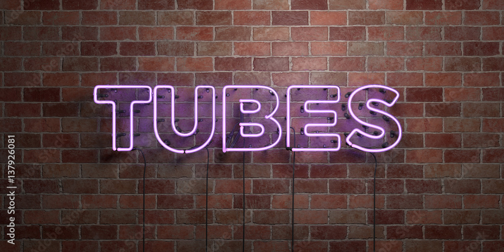 Fototapeta premium TUBES - fluorescent Neon tube Sign on brickwork - Front view - 3D rendered royalty free stock picture. Can be used for online banner ads and direct mailers..