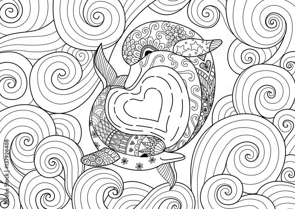 Fototapeta premium Two dolphins swimming make hearted shape wave under water world for coloring page and design element
