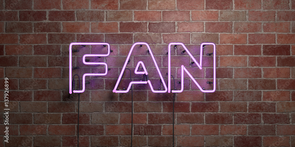 Obraz premium FAN - fluorescent Neon tube Sign on brickwork - Front view - 3D rendered royalty free stock picture. Can be used for online banner ads and direct mailers..