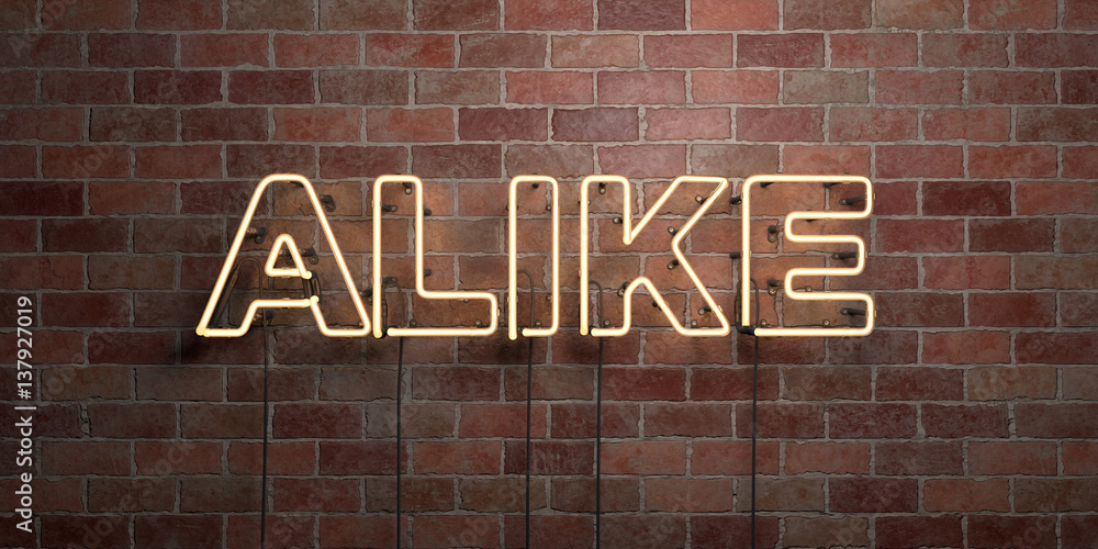 Obraz premium ALIKE - fluorescent Neon tube Sign on brickwork - Front view - 3D rendered royalty free stock picture. Can be used for online banner ads and direct mailers..