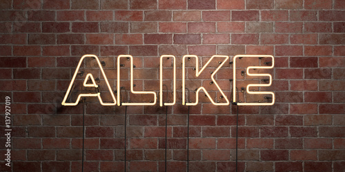 ALIKE - fluorescent Neon tube Sign on brickwork - Front view - 3D rendered royalty free stock picture. Can be used for online banner ads and direct mailers..
