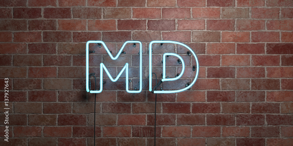 Obraz premium MD - fluorescent Neon tube Sign on brickwork - Front view - 3D rendered royalty free stock picture. Can be used for online banner ads and direct mailers..
