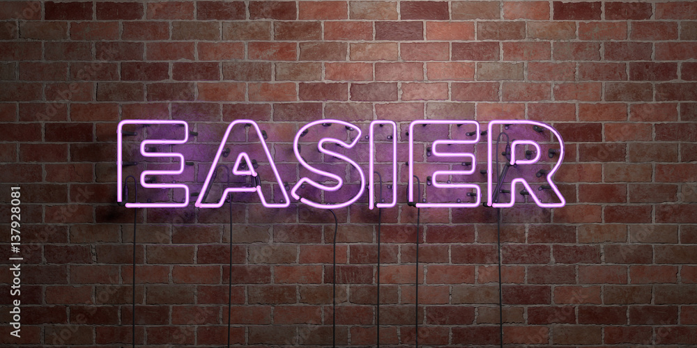 Obraz premium EASIER - fluorescent Neon tube Sign on brickwork - Front view - 3D rendered royalty free stock picture. Can be used for online banner ads and direct mailers..
