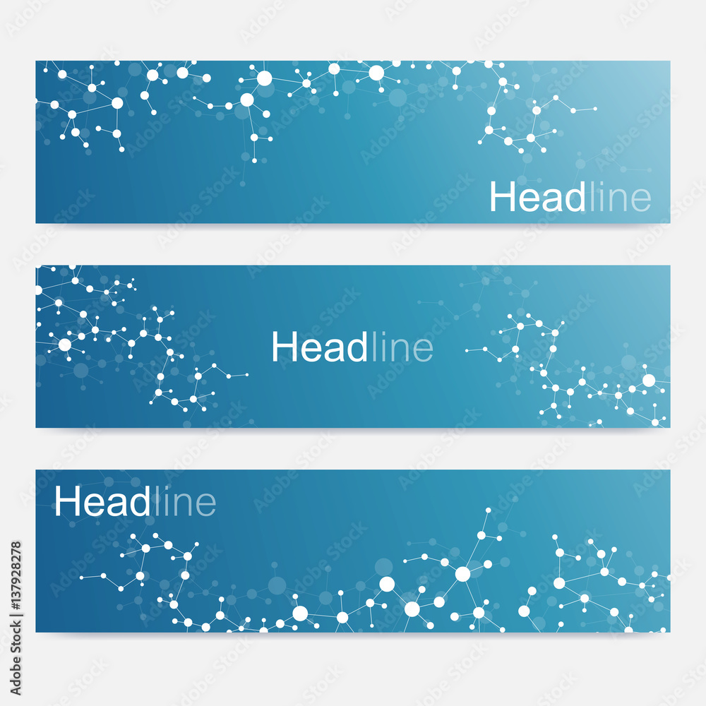Scientific set of modern vector banners. DNA molecule structure with connected lines and dots. Science vector background. Medical, tecnology, chemistry design. Scientific set of modern vector banners. DNA molecule structure with connected lines and dots. Science vector background. Medical, tecnology, chemistry design.