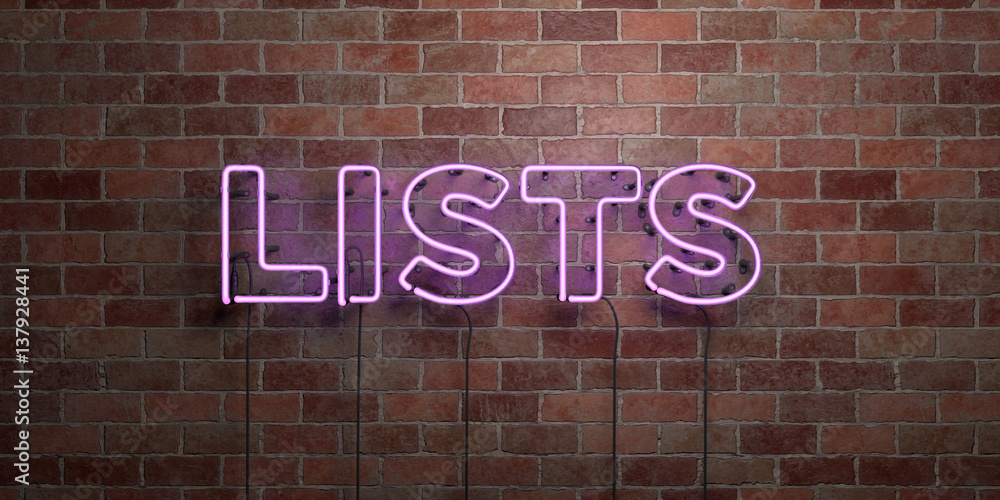 LISTS - fluorescent Neon tube Sign on brickwork - Front view - 3D rendered royalty free stock picture. Can be used for online banner ads and direct mailers.. LISTS - fluorescent Neon tube Sign on brickwork - Front view - 3D rendered royalty free stock picture. Can be used for online banner ads and direct mailers..