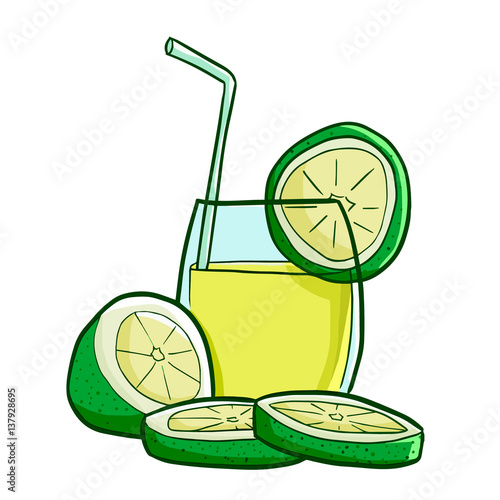 Cute and cool fresh lime drink with straw in summer - vector.