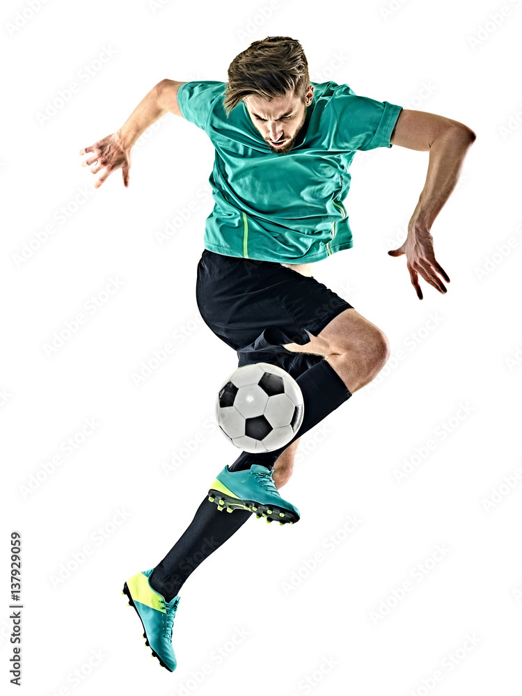 Naklejka premium one caucasian soccer player man jungling isolated on white background