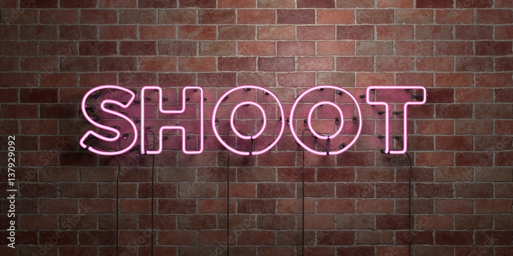 Obraz premium SHOOT - fluorescent Neon tube Sign on brickwork - Front view - 3D rendered royalty free stock picture. Can be used for online banner ads and direct mailers..