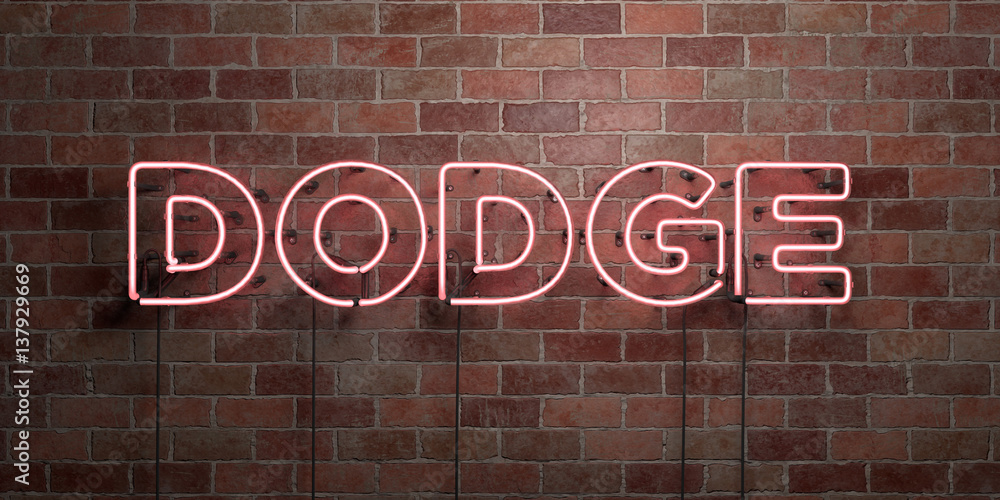 Fototapeta premium DODGE - fluorescent Neon tube Sign on brickwork - Front view - 3D rendered royalty free stock picture. Can be used for online banner ads and direct mailers..