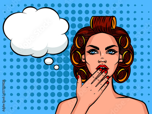 Young beautiful girl European type with curlers on her head, shocked emotions. Surprised face with speech bubble over halftone background effect
