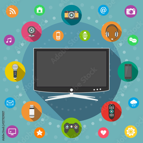 Smart tv flat design concept with technology and communication icons