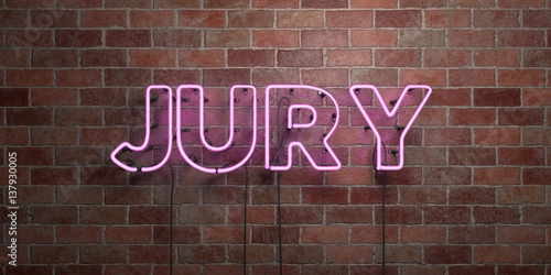 JURY - fluorescent Neon tube Sign on brickwork - Front view - 3D rendered royalty free stock picture. Can be used for online banner ads and direct mailers.. photo