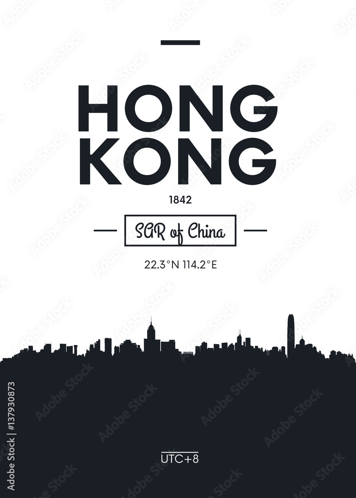 Naklejka premium Plakat panoramę miasta Hong Kong, ilustracja wektorowa płaski