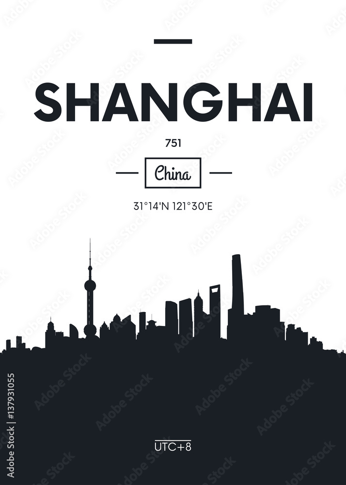 Fototapeta premium Plakat panoramę miasta Szanghaj, ilustracja wektorowa płaski