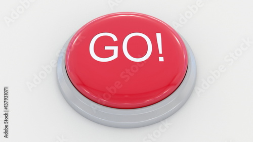 Big red button with go inscription. Conceptual 3D rendering