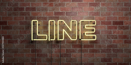 LINE - fluorescent Neon tube Sign on brickwork - Front view - 3D rendered royalty free stock picture. Can be used for online banner ads and direct mailers.. © Chris Titze Imaging