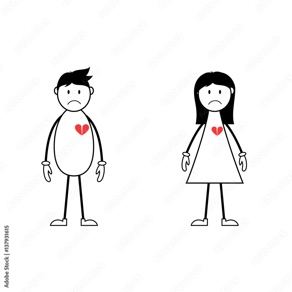 Male and female stick figures with broken hearts Male and female stick figures with broken hearts